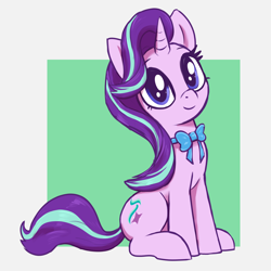 Size: 3000x3000 | Tagged: safe, artist:t72b, imported from derpibooru, starlight glimmer, pony, unicorn, bow, cute, female, glimmerbetes, horn, looking at you, mare, neck bow, passepartout, simple background, sitting, smiling, smiling at you, solo