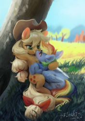 Size: 4169x5906 | Tagged: safe, artist:flvski, imported from derpibooru, applejack, rainbow dash, earth pony, pegasus, pony, absurd resolution, appledash, applejack's hat, armpits, blushing, boop, bow, butt, chest fluff, cowboy hat, cuddling, cute, daaaaaaaaaaaw, dashabetes, duo, duo female, eye contact, female, folded wings, freckles, grass, hat, hooves behind head, jackabetes, lesbian, looking at each other, looking at someone, mare, nose wrinkle, noseboop, outdoors, plot, shipping, sitting, tail, tail bow, tree, wings