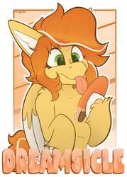 Size: 2160x3013 | Tagged: safe, artist:spoopy-abby, imported from derpibooru, oc, oc only, oc:dreamsicle, pegasus, pony, badge, bipedal, colored wings, con badge, food, ice cream, licking, ribcage, solo, tongue out, two toned wings, unshorn fetlocks, wings