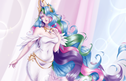 Size: 5100x3300 | Tagged: safe, artist:8hamon, imported from derpibooru, kotobukiya, princess celestia, human, clothes, crown, curvy, dress, female, hair over one eye, hourglass figure, humanized, jewelry, kotobukiya princess celestia, long hair, regalia, signature, solo