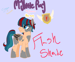 Size: 3878x3243 | Tagged: safe, imported from derpibooru, flash magnus, meadowbrook, mistmane, rockhoof, somnambula, star swirl the bearded, oc, oc:flashshade, pegasus, black wings, blue eyes, blue mane, bobcut, cutie mark, grey spots, long tail, mentioned, my little pony: the protectors of harmony, pale coat, pillars of equestria, red bolt, red stripes, shield, short hair, spotted, tail, wings