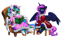 Size: 475x308 | Tagged: safe, artist:epicvon, imported from derpibooru, princess celestia, princess luna, alicorn, book, braid, braided tail, chair, christmas, clothes, coat, holiday, horn, my little pony, reading, sleepware, tail, wings