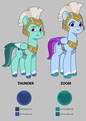 Size: 1085x1530 | Tagged: safe, imported from derpibooru, pegasus, pony, duo, duo male and female, female, g5, gray background, guardsmare, helmet, male, mare, official, pegasus royal guard, royal guard, simple background, stallion, thunder flap, zoom zephyrwing