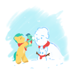 Size: 2048x2048 | Tagged: safe, artist:dulldi, imported from derpibooru, hitch trailblazer, dragon, earth pony, pony, baby, baby dragon, clothes, duo, duo male, eyes closed, father and child, father and son, g5, male, scarf, snow, snowman, sparky sparkeroni