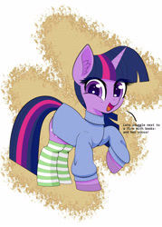 Size: 2500x3500 | Tagged: safe, artist:scandianon, imported from derpibooru, twilight sparkle, pony, unicorn, clothes, cuddle request, female, horn, looking at you, mare, open mouth, open smile, raised hoof, smiling, socks, solo, striped socks, sweater, talking to viewer, unicorn twilight