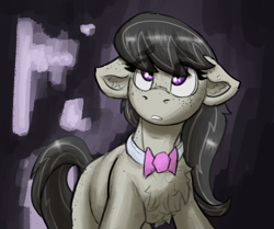 Size: 1280x1071 | Tagged: safe, artist:reddthebat, imported from derpibooru, octavia melody, earth pony, pony, abstract background, bowtie, chest fluff, chest freckles, collar, ear fluff, eye clipping through hair, eyebrows, eyebrows visible through hair, female, floppy ears, freckles, looking up, mare, octavia's bowtie, solo