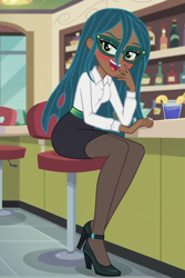 Size: 800x1200 | Tagged: prompter needed, source needed, safe, imported from derpibooru, queen chrysalis, human, /mlp/, ai content, ai generated, bar, blushing, clothes, drunk, glasses, high heels, humanized, laughing, shoes