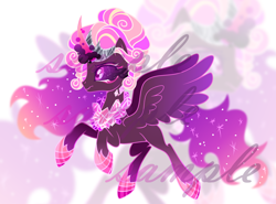 Size: 4144x3064 | Tagged: safe, artist:anno酱w, imported from derpibooru, oc, oc only, alicorn, pony, adoptable, adopted offspring, base used, crown, crystal, ethereal hair, ethereal mane, ethereal tail, hoof shoes, horn, jewelry, offspring, parent:king sombra, parent:princess cadance, parents:somdance, regalia, running, solo, spread wings, tail, watermark, wings, zoom layer