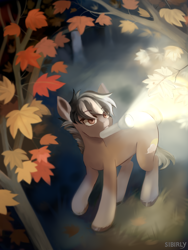 Size: 3000x4000 | Tagged: safe, artist:sibirly, imported from derpibooru, oc, oc only, earth pony, insect, pony, autumn, commission, female, flashlight (object), forest, high res, male, mouth hold, nature, night, solo, stallion, tree