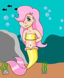 Size: 770x937 | Tagged: safe, artist:ocean lover, imported from derpibooru, fluttershy, fish, human, mermaid, arm behind back, bandeau, bare midriff, bare shoulders, bashful, belly, belly button, blue eyes, boulder, bubble, child, clam, cute, fins, fish tail, hair over one eye, humanized, innocent, kelp, kindness, light skin, long hair, looking at you, mermaid tail, mermaidized, mershy, midriff, ms paint, ocean, pink hair, rock, seashell, seaweed, shy, shyabetes, smiling, smiling at you, species swap, swimming, tail, tail fin, underwater, water, young fluttershy, younger