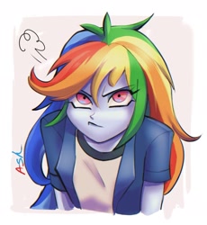 Size: 1795x1947 | Tagged: safe, artist:k_lash147, imported from derpibooru, rainbow dash, human, equestria girls, clothes, humanized, long hair, looking at you, multicolored hair, passepartout, pouting, rainbow hair