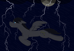 Size: 1814x1250 | Tagged: safe, artist:feraline(r), imported from derpibooru, oc, oc only, oc:feraliner, pegasus, pony, cloud, flying, lightning, moon, night, rain, spread wings, windswept mane, wings