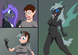 Size: 3508x2480 | Tagged: safe, imported from derpibooru, oc, oc only, oc:viciz, anthro, changeling, human, barbie doll anatomy, boop, breasts, female, gradient background, high res, human to anthro, human to changeling, male, transformation, transgender transformation