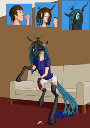 Size: 2480x3508 | Tagged: safe, artist:settop, imported from derpibooru, queen chrysalis, changeling, changeling queen, human, couch, female, high res, human to changeling, male, one eye closed, potion, smiling, solo, transformation, transgender transformation