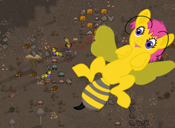 Size: 1220x900 | Tagged: safe, artist:xada, imported from derpibooru, oc, oc only, bee pony, original species, pony, antennae, game screencap, group, insect wings, lying down, purple eyes, rimworld, spread legs, spreading, stinger, tongue out, transparent wings, wings