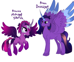 Size: 3878x3243 | Tagged: safe, imported from derpibooru, flash sentry, sci-twi, twilight sparkle, oc, oc:prince dusklight sparkle, oc:princess midnight sparkle, alicorn, equestria girls, alicorn oc, black fade, blue eyes, blue horn, blue mane, blue wingtips, brother and sister, dark purple wings, female, flying, horn, male, mare, midnight sparkle, my little pony: the protectors of harmony, next generation, offspring, pale horn, parent:flash sentry, parent:twilight sparkle, parents:flashlight, pink fade, pink mane, prince, princess, purple coat, purple eyes, purple mane, siblings, splotches, spread wings, stallion, wings