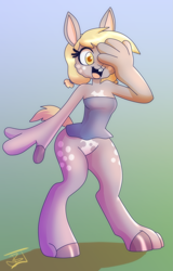 Size: 1459x2280 | Tagged: safe, artist:jitterbugjive, imported from derpibooru, part of a set, oc, oc:dotty, pony, rabbit, animal, character to character, female, furry, furry oc, furry to pony, gradient background, open mouth, open smile, smiling, solo, transformation, transformation sequence