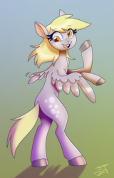 Size: 1459x2280 | Tagged: safe, artist:jitterbugjive, imported from derpibooru, part of a set, derpy hooves, oc, oc:dotty, pegasus, pony, rabbit, animal, bipedal, character to character, female, furry, furry oc, furry to pony, gradient background, looking back, open mouth, open smile, smiling, solo, transformation, transformation sequence