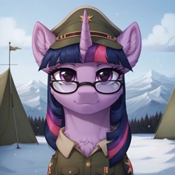 Size: 2048x2048 | Tagged: safe, imported from derpibooru, twilight sparkle, unicorn, ai content, ai generated, bust, cap, chest fluff, clothes, ear fluff, generator:stable diffusion, glasses, hat, horn, military uniform, mountain, outdoors, portrait, prompter:thelight3d, snow, unicorn twilight, uniform, winter