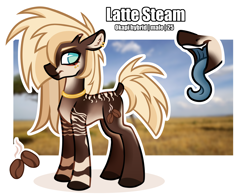 Size: 4150x3250 | Tagged: safe, artist:sadfloorlamp, imported from derpibooru, oc, oc only, oc:latte steam, hybrid, okapi, pony, blurry background, cutie mark, eyebrows, fangs, jewelry, long tongue, male, mascara, maw, mawshot, open mouth, piercing, reference sheet, solo, stallion, standing, tongue out