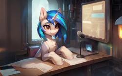 Size: 1638x1024 | Tagged: safe, imported from derpibooru, oc, oc only, oc:homage, pony, unicorn, fallout equestria, ai content, ai generated, desk, female, female oc, generator:pony diffusion v6 xl, generator:stable diffusion, horn, mare, mare oc, microphone, photoshop, prompter:teonanakatle, solo, unicorn oc