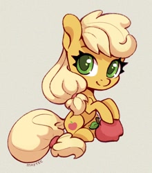 Size: 704x800 | Tagged: safe, artist:maytee, imported from derpibooru, applejack, earth pony, pony, apple, chibi, digital art, food, sitting, solo