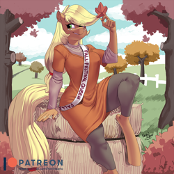 Size: 1000x1000 | Tagged: safe, artist:kevinsano, imported from derpibooru, applejack, anthro, earth pony, unguligrade anthro, autumn, award, clothes, dress, eye clipping through hair, female, hay bale, holding, leaf, outdoors, sitting, smiling, smirk, solo