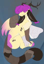 Size: 1958x2858 | Tagged: safe, artist:beardie, imported from derpibooru, oc, oc only, oc:purple wingshade, draconequus, dragon, ferret, griffon, pegasus, pony, antlers, bunny ears, chest fluff, colored wings, draconequified, dragonified, ear fluff, floppy ears, freckles, male, moth wings, multicolored wings, solo, species swap, spots, stallion, unshorn fetlocks, wings