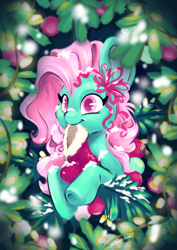 Size: 4465x6314 | Tagged: safe, artist:cutepencilcase, imported from derpibooru, minty, earth pony, pony, bust, christmas, christmas stocking, female, g3, holiday, mare, mouth hold, solo