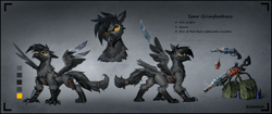 Size: 3845x1608 | Tagged: safe, artist:ramiras, imported from derpibooru, oc, oc only, oc:spar grimfeathers, griffon, fallout equestria, griffon oc, reference sheet, solo