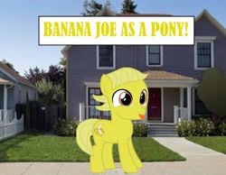 Size: 1594x1234 | Tagged: safe, artist:memeartboi, imported from derpibooru, oc, earth pony, pony, banana, banana boy, banana joe, colt, colt oc, content, cute, earth pony oc, foal, food, male, male oc, outdoors, ponified, solo, solo male, standing, text, the amazing world of gumball, tongue out