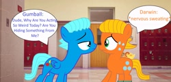 Size: 3229x1550 | Tagged: safe, artist:memeartboi, imported from derpibooru, earth pony, pegasus, pony, brothers, chatting, colt, darwin watterson, duo, duo male, foal, gumball watterson, hallway, hiding, indoors, investigation, looking into each others eyes, male, nervous, nervous sweat, pegasus wings, ponified, puppet, scared, school, school hall, siblings, speech bubble, standing, suspicious, sweat, text, the amazing world of gumball, wings