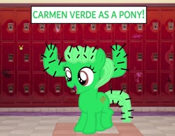 Size: 1206x938 | Tagged: safe, artist:memeartboi, imported from derpibooru, oc, earth pony, pony, cactus, cactus girl, carmen verde, content, cute, earth pony oc, female, female oc, filly, filly oc, foal, hallway, happy, indoors, open mouth, open smile, ponified, school, school hall, smiling, solo, solo female, standing, text, the amazing world of gumball, thorn