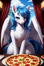 Size: 512x768 | Tagged: safe, imported from twibooru, oc, oc:snowy starshine, pegasus, pony, ai content, belly button, blue eyes, blue mane, blushing, chest fluff, food, image, needs more jpeg, pizza, sky, solo, spread wings, wings