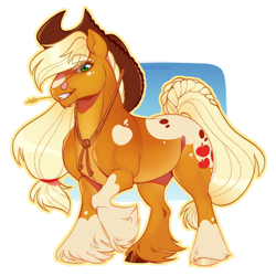 Size: 1280x1280 | Tagged: safe, artist:sadelinav, imported from derpibooru, applejack, earth pony, pony, applejack's hat, cowboy hat, female, hat, mare, passepartout, redesign, signature, smiling, solo, stetson, straw in mouth, unshorn fetlocks