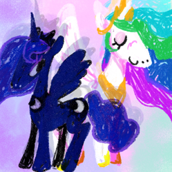 Size: 884x888 | Tagged: safe, artist:weinerina, imported from derpibooru, princess celestia, princess luna, alicorn, pony, duo, female, hoof shoes, jewelry, mare, peytral, regalia, spread wings, wings