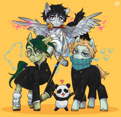 Size: 2000x1946 | Tagged: safe, artist:karamboll, imported from derpibooru, earth pony, pegasus, pony, unicorn, anime, clothes, crossover, female, flying, full body, glasses, group, horn, jujutsu kaisen, looking at you, magic, male, ponified, standing, sword, weapon, wings