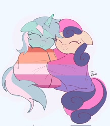 Size: 1778x2048 | Tagged: safe, artist:eltrash_art6, imported from derpibooru, bon bon, lyra heartstrings, sweetie drops, earth pony, pony, unicorn, adorabon, bisexual pride flag, cute, duo, duo female, eyes closed, female, happy, horn, hug, lesbian, lesbian pride flag, lyrabetes, lyrabon, mare, pride, pride flag, pride month, shipping, simple background, smiling