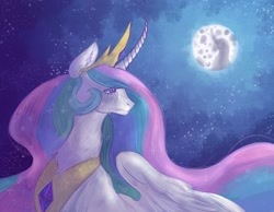 Size: 1280x992 | Tagged: safe, artist:sleepybooocharlie, imported from derpibooru, princess celestia, alicorn, pony, crying, curved horn, female, full moon, horn, jewelry, mare, mare in the moon, moon, night, peytral, regalia, solo