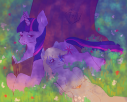 Size: 2050x1646 | Tagged: safe, artist:sleepybooocharlie, imported from derpibooru, derpy hooves, twilight sparkle, insect, pegasus, pony, unicorn, arborglyph, book, curved horn, duo, female, horn, insect on nose, lesbian, lying down, mare, prone, shipping, twerpy, unicorn twilight, unshorn fetlocks