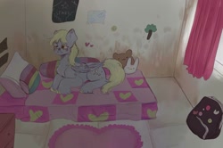 Size: 1280x849 | Tagged: safe, artist:sleepybooocharlie, imported from derpibooru, derpy hooves, pegasus, pony, backpack, bed, female, lying down, mare, plushie, prone, solo, unshorn fetlocks