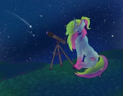 Size: 1280x995 | Tagged: safe, artist:sleepybooocharlie, imported from derpibooru, oc, oc only, pony, unicorn, choker, curved horn, ear piercing, earring, female, horn, jewelry, mare, night, night sky, piercing, shooting star, sitting, sky, solo, spiked choker, stargazing, stars, telescope, unshorn fetlocks