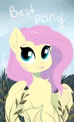 Size: 2200x3600 | Tagged: safe, artist:kebchach, imported from derpibooru, fluttershy, pegasus, pony, :3, :p, best pony, cloud, cute, ear fluff, female, grass, hooves, lineless, looking at you, mare, partially open wings, raised hoof, shyabetes, silly, sky, solo, text, tongue out, truth, wings