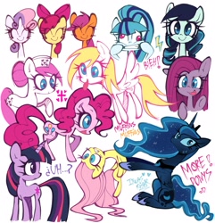 Size: 2100x2176 | Tagged: safe, artist:lulithmark, imported from derpibooru, apple bloom, coloratura, derpy hooves, fluttershy, nurse redheart, pinkie pie, princess luna, scootaloo, sonata dusk, sweetie belle, twilight sparkle, alicorn, earth pony, pegasus, pony, unicorn, bow, bust, cutie mark crusaders, eyes closed, fangs, female, filly, foal, full body, hair bow, hat, holding, horn, mare, pinkamena diane pie, ponified, simple background, smiling, sweat, sweatdrop, text, tongue out, white background