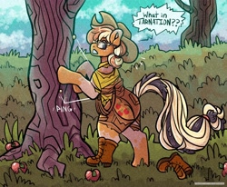 Size: 3000x2476 | Tagged: safe, artist:subdivisions, imported from derpibooru, applejack, earth pony, pony, applejack's hat, clothes, cowboy hat, furry, furry to pony, glasses, hat, high res, ripping clothes, solo, speech bubble, transformation, tree, what in tarnation