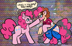 Size: 1280x828 | Tagged: safe, artist:subdivisions, imported from derpibooru, applejack, pinkie pie, human, pony, abstract background, blushing, boop, clothes, duo, female, glasses, grin, human to pony, mare, silly, silly pony, smiling, speech bubble, torn clothes, transformation, twinning, who's a silly pony