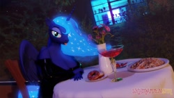 Size: 1200x675 | Tagged: safe, artist:velvetcharm, princess luna, anthro, 3d, arm warmers, breasts, clothes, dress, female, latex, looking at you, solo, tongue out
