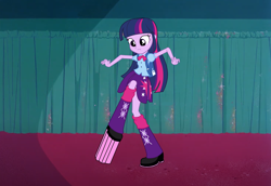 Size: 1280x883 | Tagged: safe, artist:lovablerobot, edit, edited screencap, imported from derpibooru, screencap, twilight sparkle, human, equestria girls, absurd resolution, boots, carpet, cinema, clothes, female, fetish, food, gum, looney tunes, my little pony equestria girls, parody, scrunchy face, shoes, solo, sticky, stuck, vector, walking