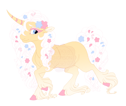 Size: 5200x4400 | Tagged: safe, artist:gigason, imported from derpibooru, oc, oc only, oc:hellebore, pony, unicorn, absurd resolution, blue eyes, colored eyelashes, colored hooves, colored pinnae, curved horn, eyeshadow, flower, flower in hair, flower in tail, gradient legs, hoof fluff, hooves, horn, lidded eyes, long feather, long fetlocks, magical lesbian spawn, makeup, nonbinary, obtrusive watermark, offspring, palomino, parent:fluttershy, parent:princess platinum, pink eyelashes, pink hair, raised hoof, simple background, smiling, solo, striped horn, tail, transparent background, walking, watermark, white eyeshadow