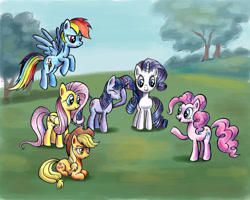 Size: 1024x820 | Tagged: safe, artist:zdrer456, imported from derpibooru, applejack, fluttershy, pinkie pie, rainbow dash, rarity, twilight sparkle, earth pony, pegasus, pony, unicorn, 2015, grass, horn, mane six, tree